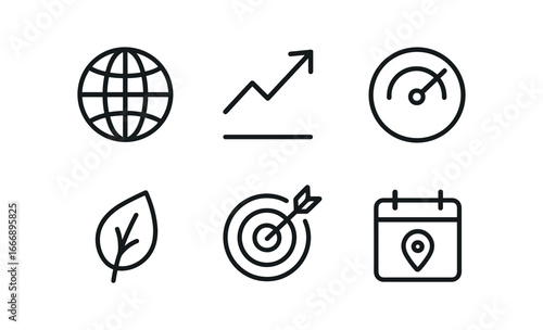vector outline icons company mission statement (impact goals): globe icon growth arrow percent dial leaf motif target icon calendar pin.