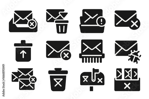 Email Icon Set. Solid style icons of email deletion: inbox with X, trash email icon, spam folder, delete message, archive mail,