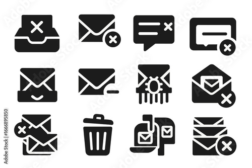 Email Icon Set. Solid style icons of email deletion: inbox with X, trash email icon, spam folder, delete message, archive mail,