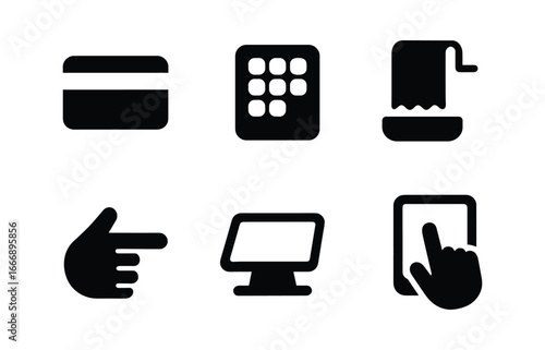 vector solid black filled icons grocery self checkout (payment terminal): card slot keypad pad receipt roll hand icon shadow smear light rim.
