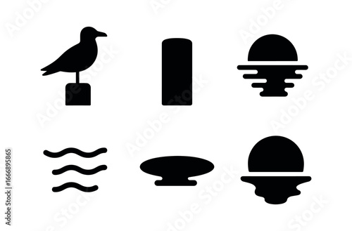 vector solid black filled icons wooden dock sunset (seagull perch): seagull silhouette top sunset glow water edge shadow smear light rim.