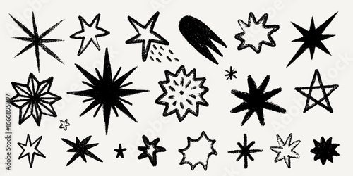 Star set with bold hand drawn crayon texture, doodle stars, comets and spark ...