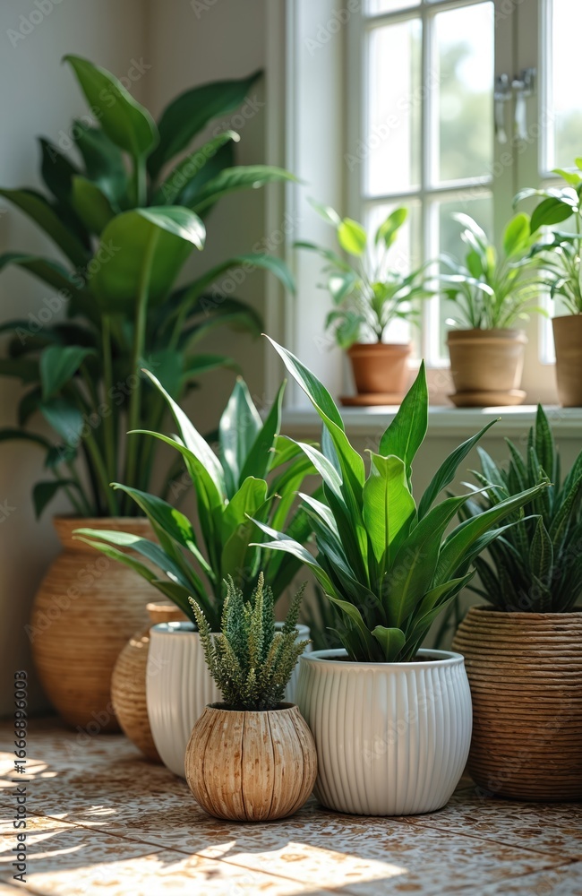 Fototapeta premium Collection of home plants in stylish eco-friendly interior. Green houseplants in decorative rattan, ceramic pots arranged near window. Natural light illuminates vibrant leaves, creating fresh