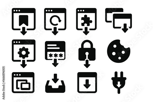 Browser Import Icons. Solid style icons of browser import functions: bookmarks import icon, history sync, extensions upload,