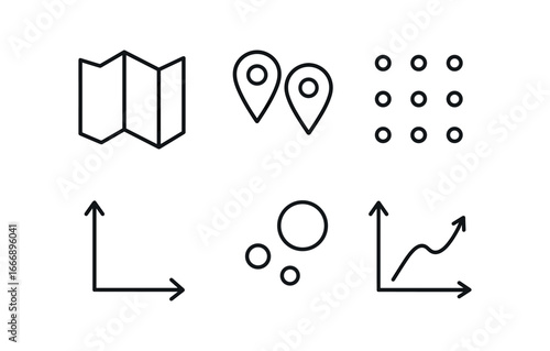 vector outline icons competitive market research (market map): map outline brand markers position dots axis labels bubble sizes trend line.