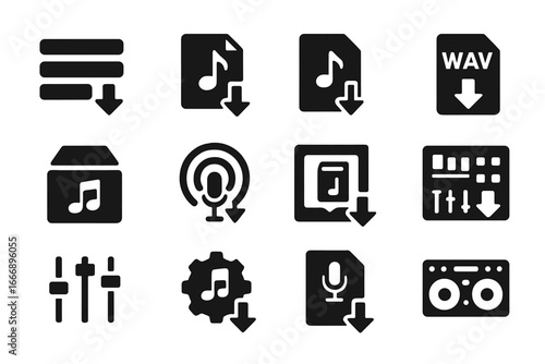 Audio Import Icons. Solid style icons of music and audio import: import playlist, song file upload, audio file arrow, WAV file