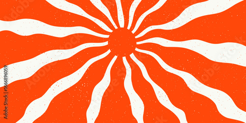 Retro japan red sun with wavy rays and grunge texture. Japanese rising groovy sun with wavy rays and crayon style texture. Great for posters, t-shirts, wall art, branding, vintage decor.