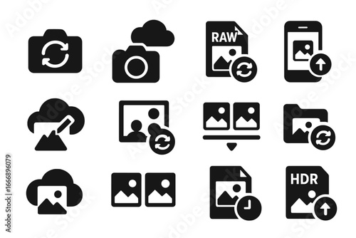 Photo Sync Icons. Solid style icons of photo sync systems: camera sync icon, DSLR cloud upload, RAW file sync, mobile photo
