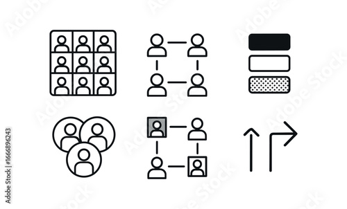 vector outline icons cross functional collaboration (team matrix): grid with avatars role labels connection lines color codes legend box arrows.