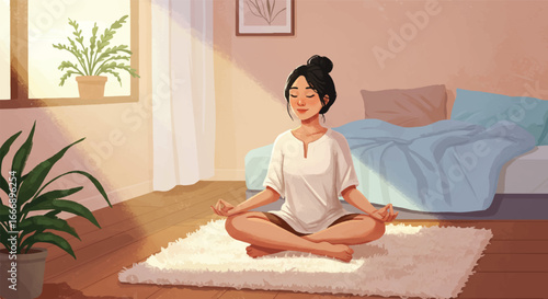 A serene 2D flat design vector illustration depicts a calm person meditating cross-legged on the floor in a brightly lit and peaceful bedroom, fostering tranquility and mindfulness.
