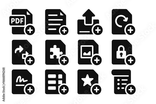 File Upgrade Icons. Solid style icons of document and file upgrades: PDF tool upgrade, text editor enhancement, export option