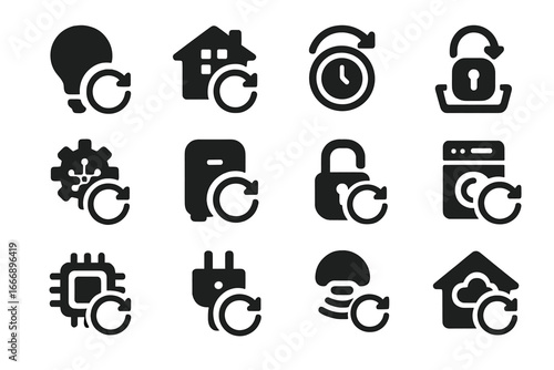 Smart Device Restart Icons. Solid style icons of smart device restart: smart bulb reset icon, home assistant reboot, smart
