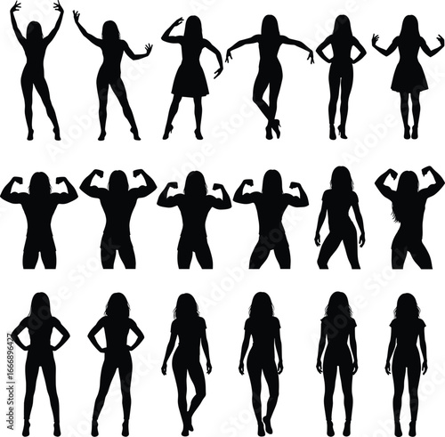Confident women silhouettes, posing, flexing muscles, strong female body, fashion, strength, fitness, walking stance, vector illustration, female empowerment.