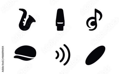 vector solid black filled icons street musician (sax serenade): saxophone bell reed mouthpiece music swirl newsboy cap sound waves shadow smear.