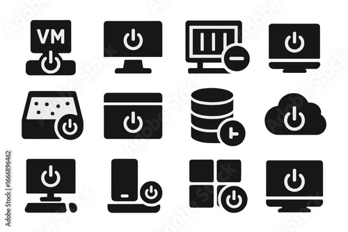 Virtual Shutdown Icons. Solid style icons of virtual machine and container shutdown: VM off icon, hypervisor shutdown tray,
