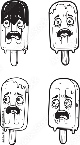 Four melting popsicles with sad faces silhouette