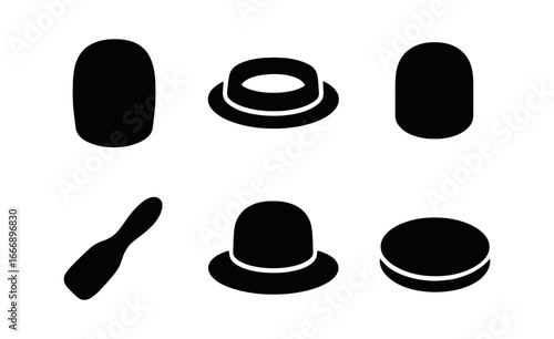 vector solid black filled icons milliner (hat block): wooden block brim form crown shape shadow smear highlight rim base plate.