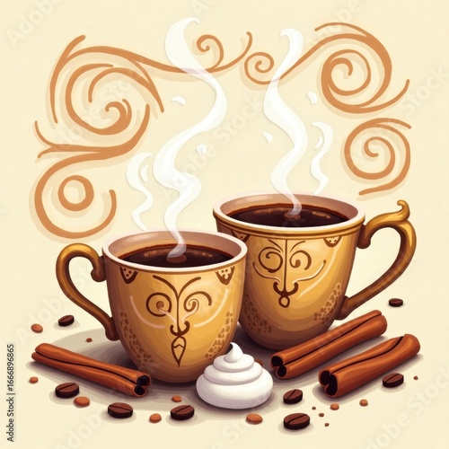 Cozy Warm Coffee Cups with Cinnamon and Cream