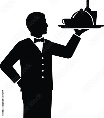 Vector art of a silhouette of a waiter holding a tray with food and drinks, providing service in a restaurant or catering event with elegance and professionalism.
