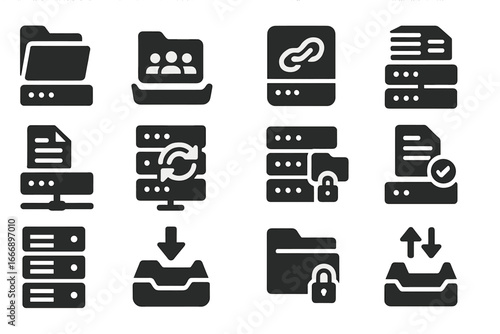 File Server Icons. Solid style icons of file servers: file folder on server icon, shared directory tray, SMB protocol symbol, FTP