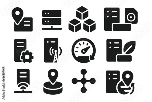 Edge Server Icons. Solid style icons of edge servers: remote server location icon, edge node tray, distributed compute icon,