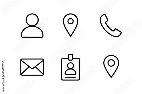 vector outline icons freelancer invoice (client details): user silhouette address icon phone handset envelope ID card map pin.