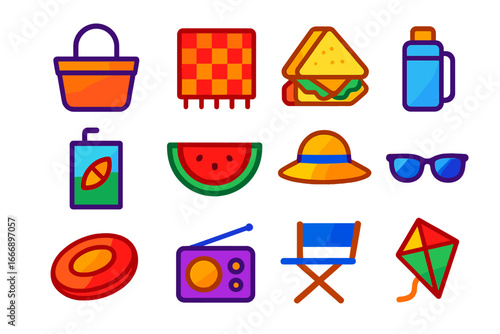 Picnic Leisure Icons. Modern gradient icons of picnic and outdoor leisure: basket, blanket, sandwich, thermos, juice box,