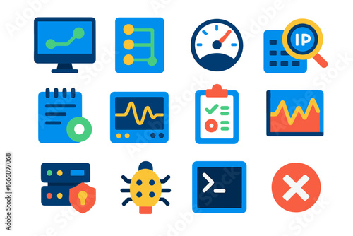 Network Diagnostics Icons. Flat vector icons of Network Diagnostics: ping command, traceroute, bandwidth test, IP scanner, network