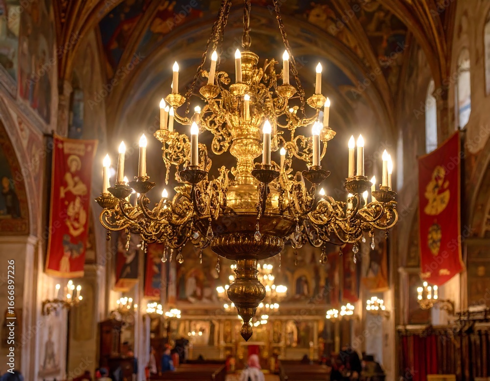 Obraz premium Ornate gold chandelier in a church