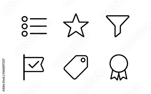 vector outline icons product roadmap planning (feature prioritization): backlog list star rating filter funnel priority tag checkmark flag ribbon badge.