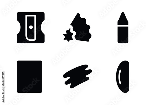 vector solid black filled icons crayon box (sharpener): built in sharpener shavings pile crayon tip box edge shadow smear highlight rim.