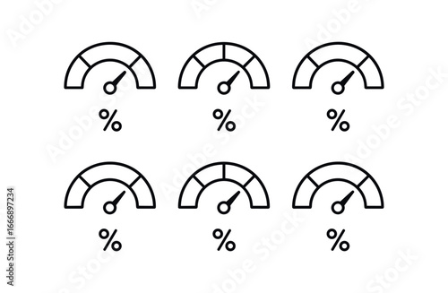 vector outline icons KPI progress tracking (gauge dashboard): gauge dial needle pointer percent label green zone red zone shadow smear.