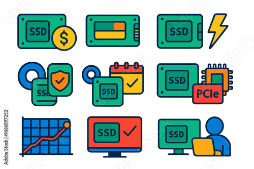 SSD Metrics Icons. Flat vector icons of SSD Comparison Metrics: cost per GB, speed vs capacity, power consumption, endurance