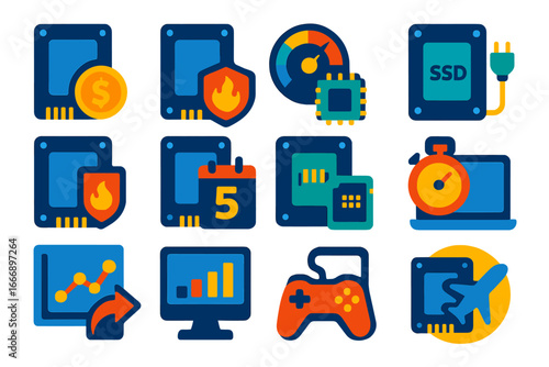 SSD Metrics Icons. Flat vector icons of SSD Comparison Metrics: cost per GB, speed vs capacity, power consumption, endurance