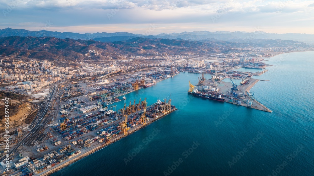 Fototapeta premium Aerial view of bustling port with cranes and cargo operations under natural light, dynamic industrial atmosphere and maritime trade concept