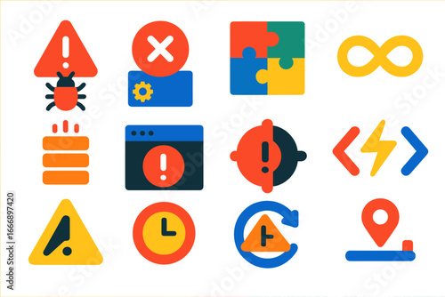 Programming Challenge Icons. Flat vector icons of Programming Challenges: bug alert, runtime error, logic puzzle, infinite loop,