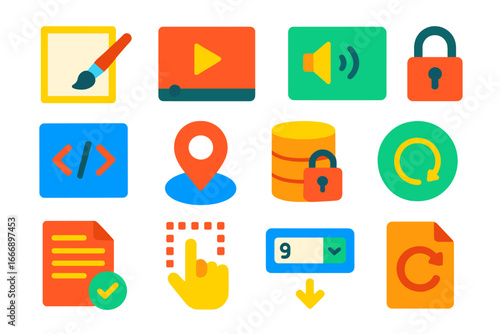 Modern HTML5 Icons. Flat vector icons of HTML5 Features: canvas element, video tag, audio tag, semantic elements, geolocation icon