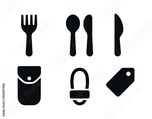 vector solid black filled icons reusable utensils (bamboo set): bamboo fork bamboo spoon bamboo knife cloth pouch elastic loop label tag.