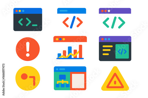 HTML Debugging Icons. Flat vector icons of HTML Debugging Tools: browser console, inspect element, page source, error message,
