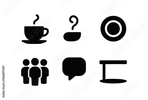 vector solid black filled icons team stand up meeting (coffee break): coffee cup swirl plate icon chat bubble table edge shadow smear.