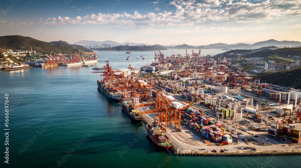 Obraz premium Aerial view of bustling port with cranes and cargo operations under natural light, dynamic industrial atmosphere and maritime trade concept