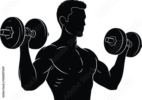 Vector art of a silhouette of a muscular man lifting dumbbells, symbolizing fitness, strength, and the dedication to a healthy lifestyle.