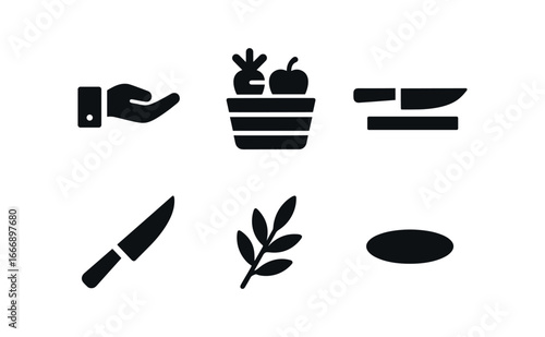 vector solid black filled icons farm to table concept (kitchen handoff): chef hand produce basket counter edge knife icon herb sprig shadow smear.