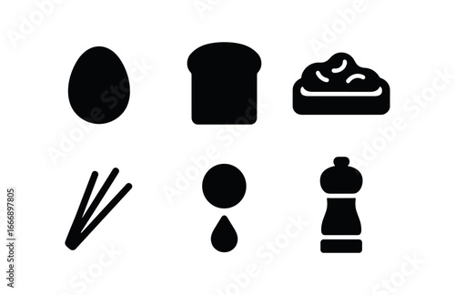 vector solid black filled icons avocado toast (egg topper): poached egg toast base avocado spread chive snip yolk drip pepper grind.