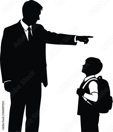 Vector art of a silhouette of a father pointing at his son, symbolizing guidance, discipline, and the passing of knowledge from one generation to another