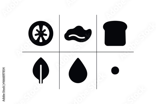 vector solid black filled icons avocado toast (tomato garnish): cherry slice avocado smear toast edge basil leaf olive oil drop crumb speck.