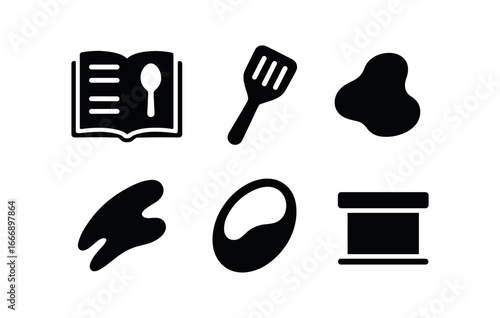 vector solid black filled icons kitchen counter mess (open cookbook): cookbook pages recipe text spatula tip shadow smear highlight rim countertop line.