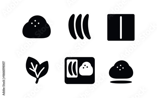 vector solid black filled icons bento box meal (rice and pickles): rice mound pickle spears box divider leaf garnish highlight rim shadow smear.
