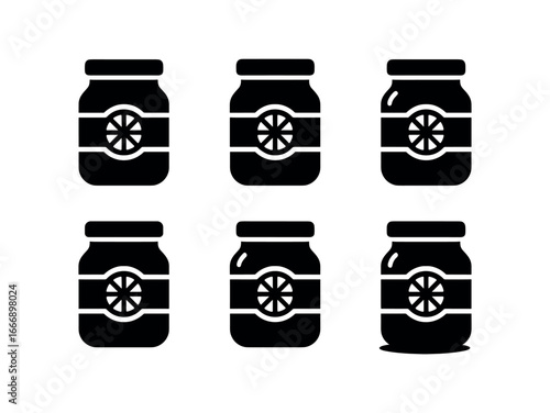 vector solid black filled icons homemade jam jar (citrus marmalade): jar shape orange slice label stripe lid ring shadow smear highlight rim.