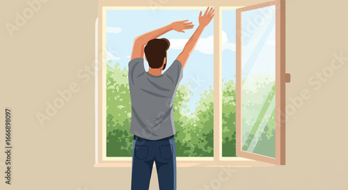 A cheerful man stretches his arms in a bright, sunlit room, standing near an open window on a serene morning in a charming 2D flat vector illustration.